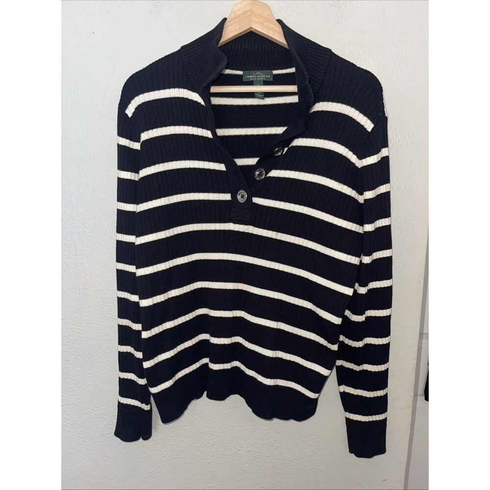 Lauren Ralph Lauren Sweater Women’s XL 100% Cotton Stripe V Neck  Black White